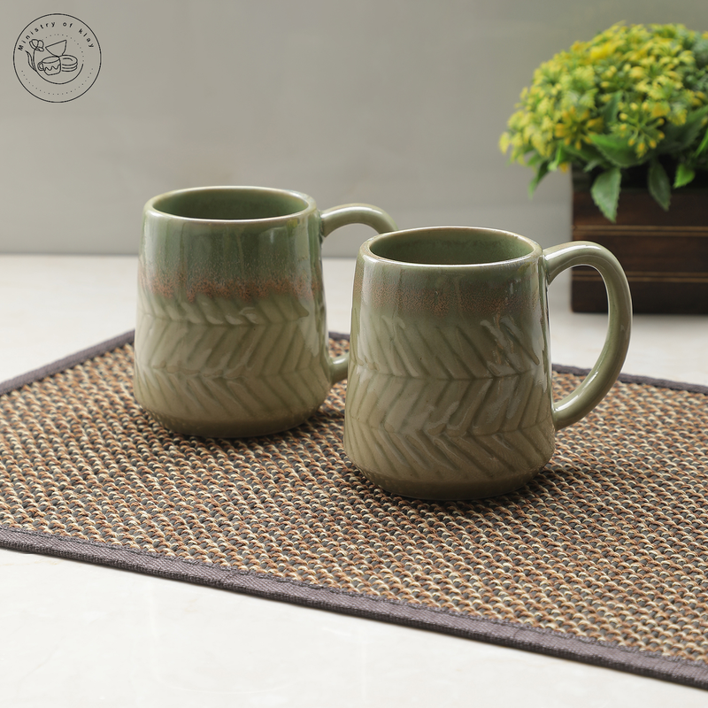 Ministry Of Klay Glossy Green  Ceramic Coffee Mugs / Microwave Safe, Set of 2, 250ml each