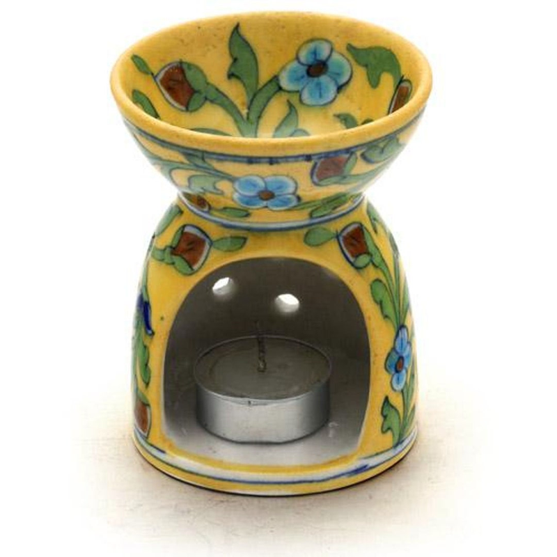 Turquoise flowers with green leaves on a yellow base ceramic blue pottery aroma diffuser