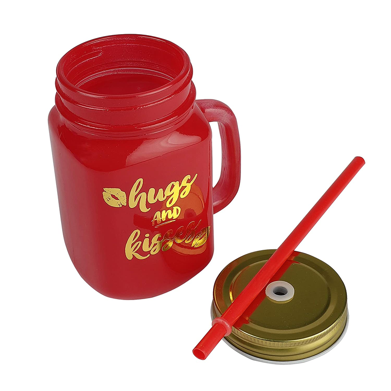 The Decor Lane Red Color Mason Jar With Lid And Reusable Straw - 500 ml